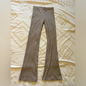 Khaki ribbed stretch flare pants